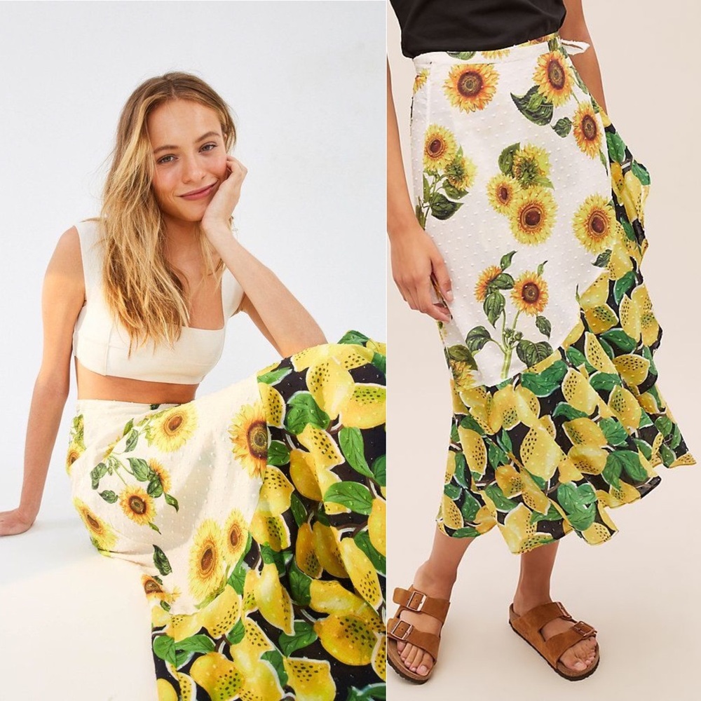 Farm Rio Mixed Print Sunflower Linen Wrap Skirt - Picture 2 of 6